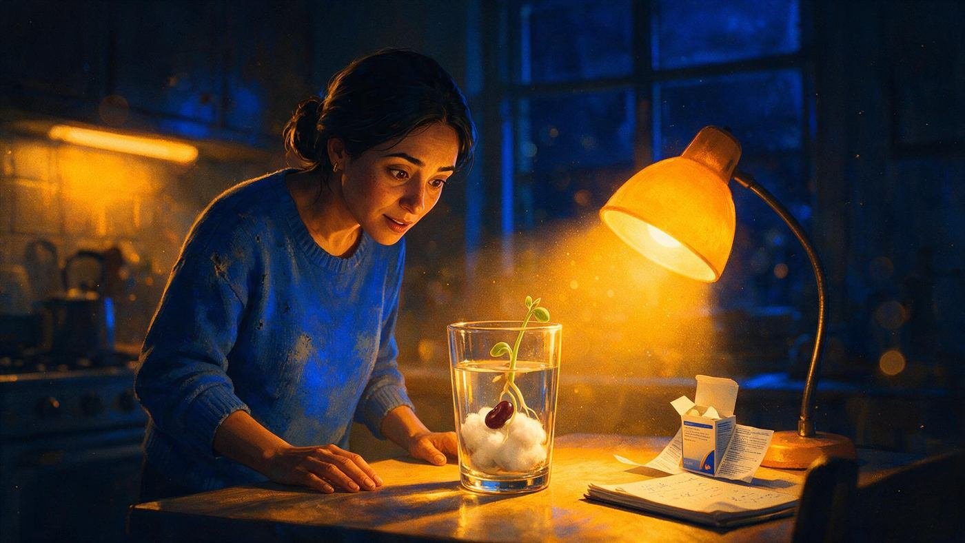 Mujer observando un frijol germinando en un vaso, experimento casero para el GED de ciencias