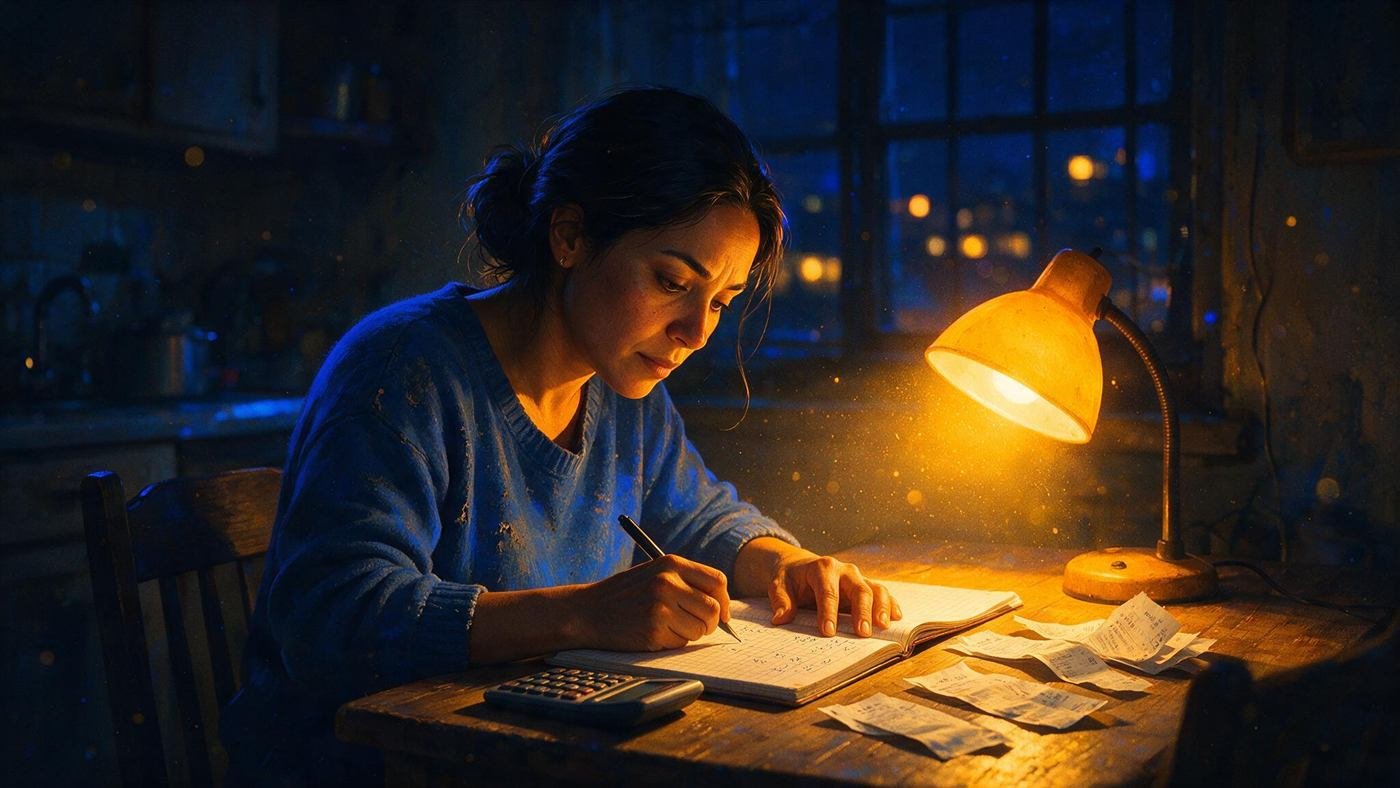 Mujer resolviendo operaciones de matemáticas del GED con calculadora y tickets de compra en la mesa de su cocina