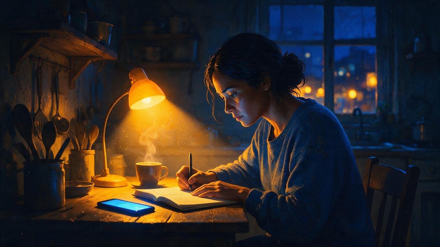 Mujer adulta estudiando de noche para el examen GED en la mesa de su cocina, con cuaderno y teléfono